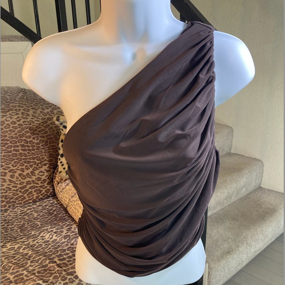 Chocolate One Shoulder Contour Top with Matching Skirt
